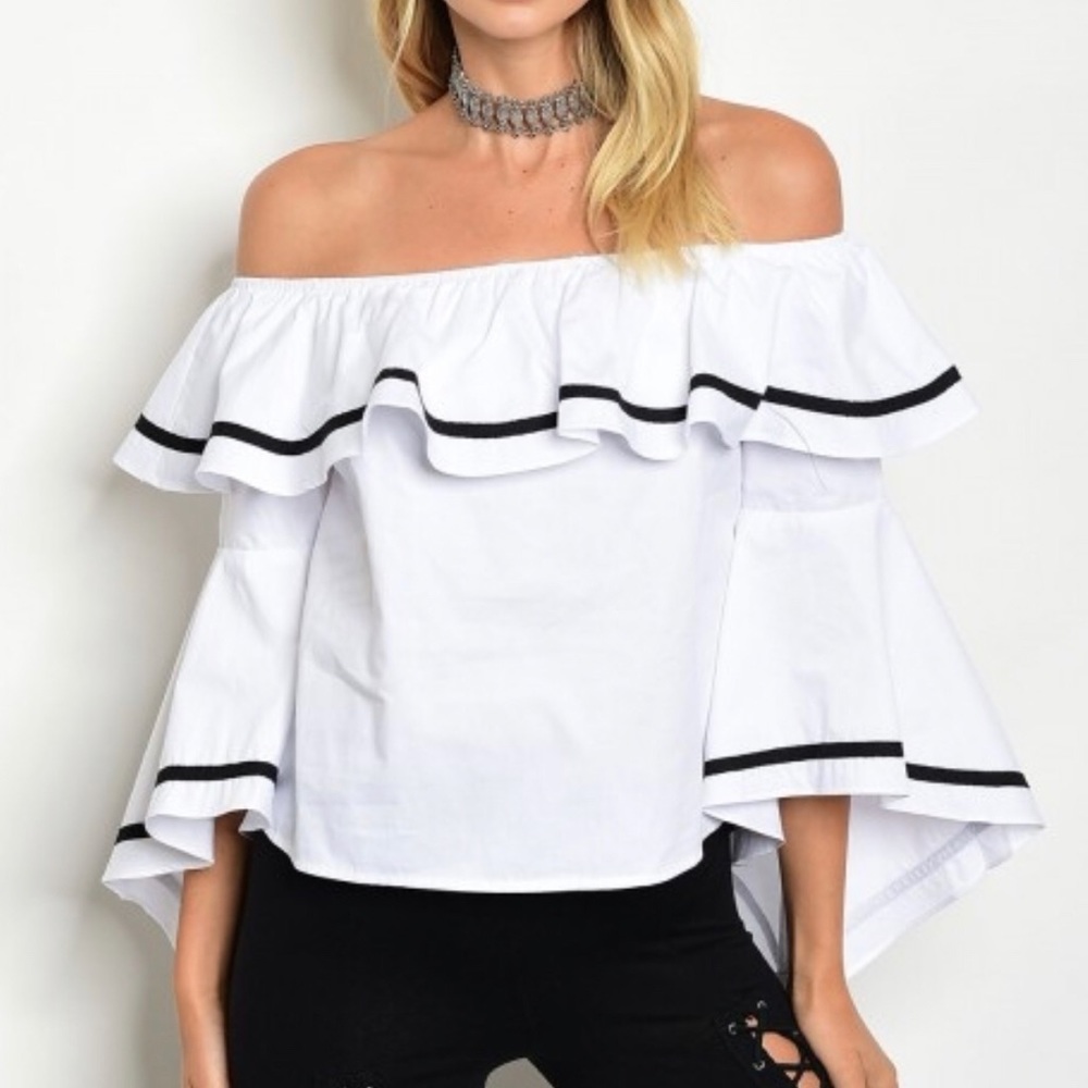 White & Black Edgy OTS Bell Sleeve Top!! NWT - Picture 1 of 6